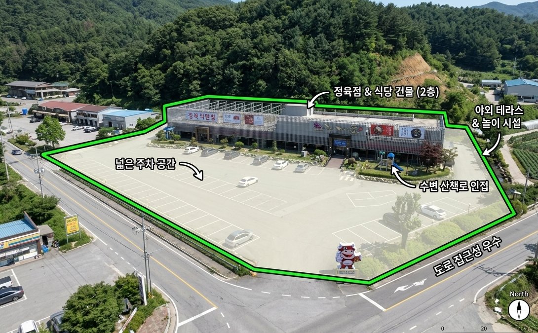 홍천한우애 부지 항공 현황 — 부지 경계·2층 정육점&식당 건물·야외 테라스·넓은 주차장·수변 산책로·국도 접근